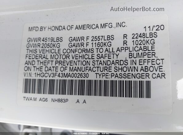 1HGCV3F43MA002630 2021 HONDA ACCORD HYBRID Белый Вид подкапотного пространства