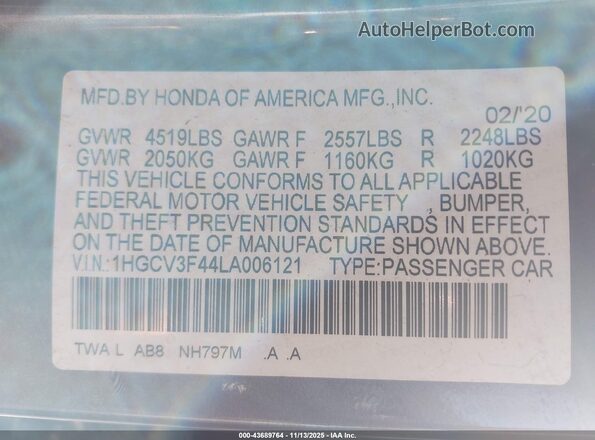 1HGCV3F44LA006121 2020 HONDA ACCORD HYBRID Серый Вид подкапотного пространства
