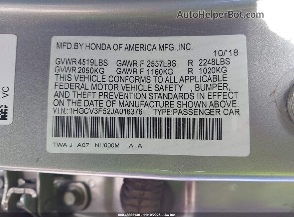 1HGCV3F52JA016376 2018 HONDA ACCORD HYBRID Серебряный Вид подкапотного пространства