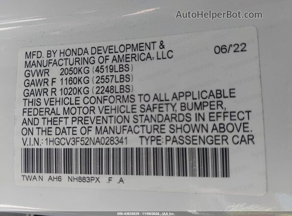 1HGCV3F52NA028341 2022 HONDA ACCORD HYBRID White Вид підкапотного простору