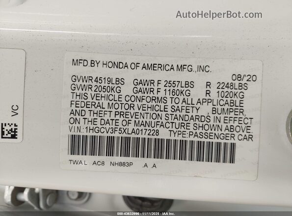 1HGCV3F5XLA017228 2020 HONDA ACCORD HYBRID Белый Вид подкапотного пространства