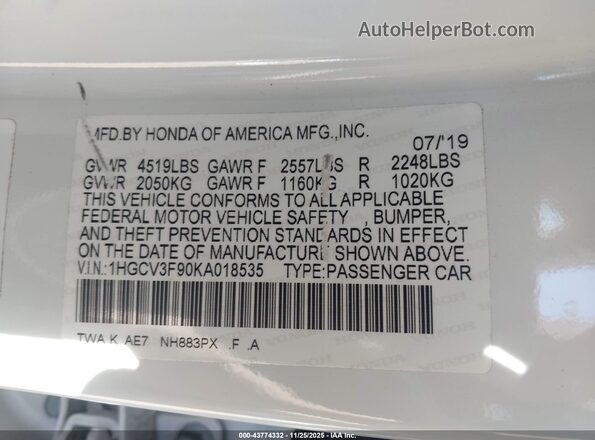 1HGCV3F90KA018535 2019 HONDA ACCORD HYBRID White ძრავის განყოფილების ხედი