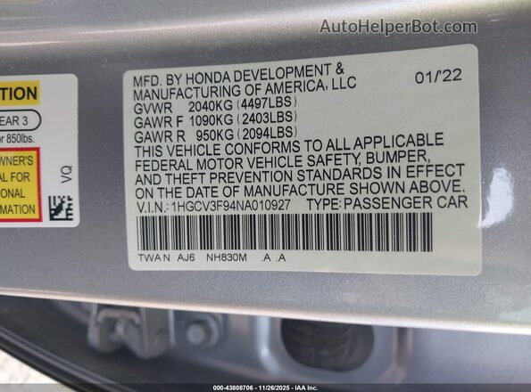 1HGCV3F94NA010927 2022 HONDA ACCORD HYBRID Silver Widok komory silnika