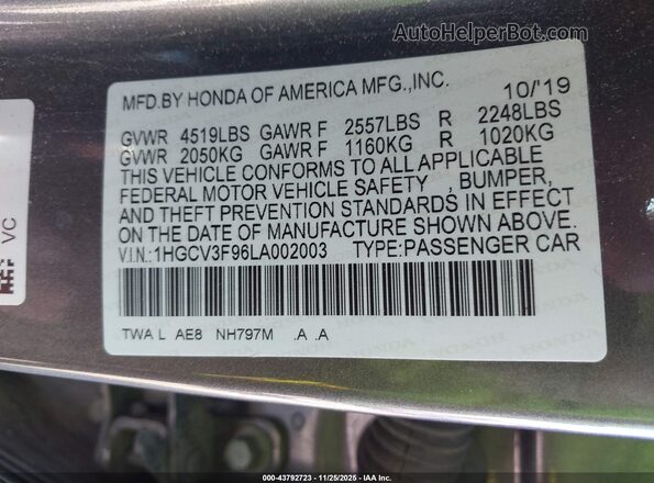 1HGCV3F96LA002003 2020 HONDA ACCORD HYBRID Серый Вид подкапотного пространства