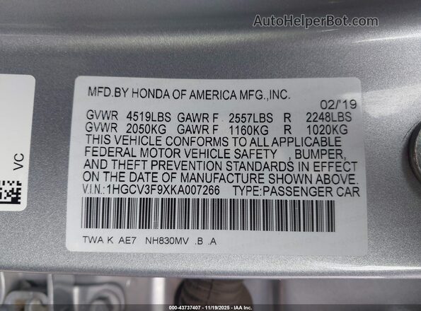 1HGCV3F9XKA007266 2019 HONDA ACCORD HYBRID Silver Вид підкапотного простору