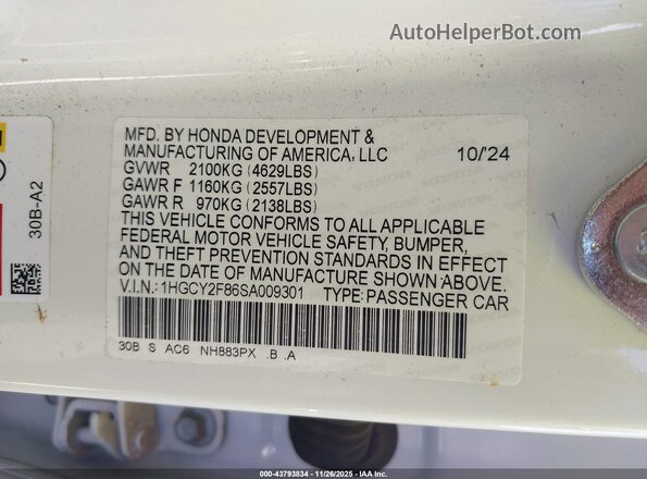 1HGCY2F86SA009301 2025 HONDA ACCORD HYBRID White ძრავის განყოფილების ხედი