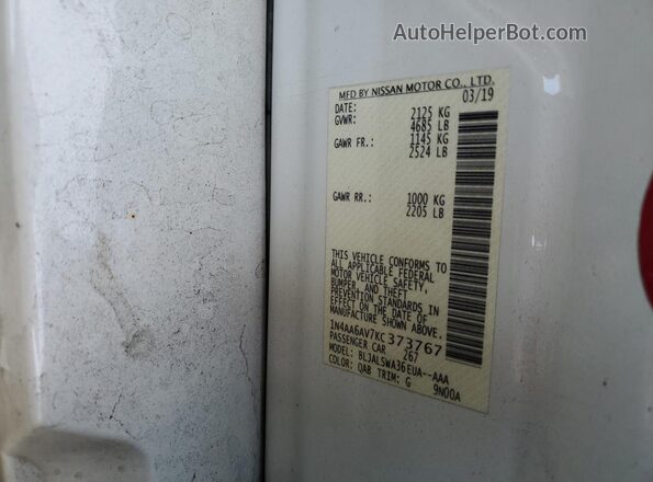 1N4AA6AV7KC373767 2019 NISSAN MAXIMA Белый Вид подкапотного пространства