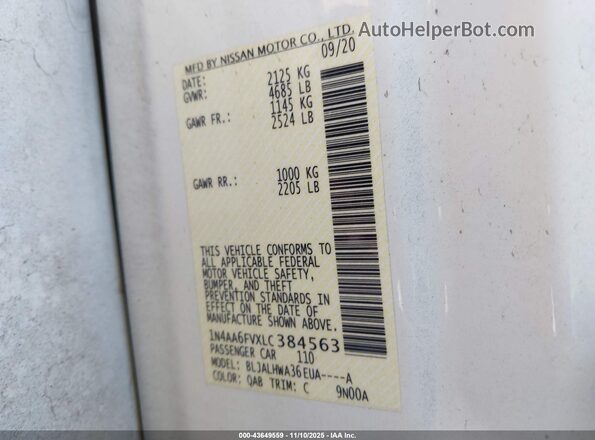 1N4AA6FVXLC384563 2020 NISSAN MAXIMA PLATINUM White Widok komory silnika