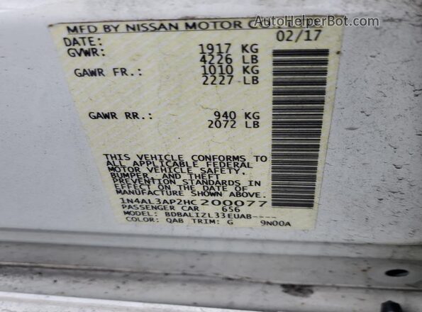 1N4AL3AP2HC200077 2017 NISSAN ALTIMA White Вид підкапотного простору