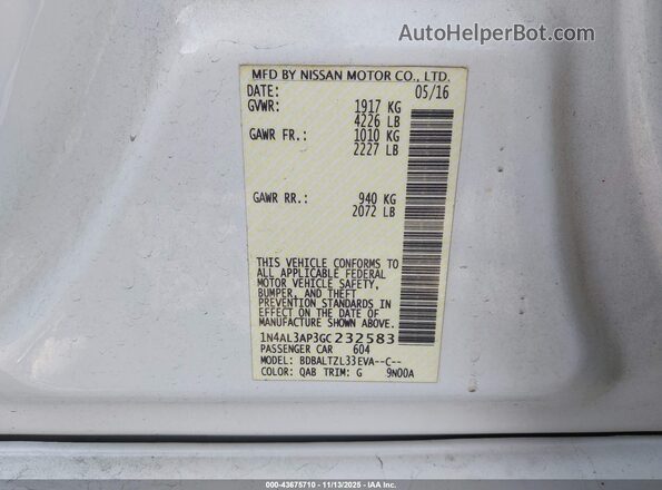1N4AL3AP3GC232583 2016 NISSAN ALTIMA White Вид підкапотного простору