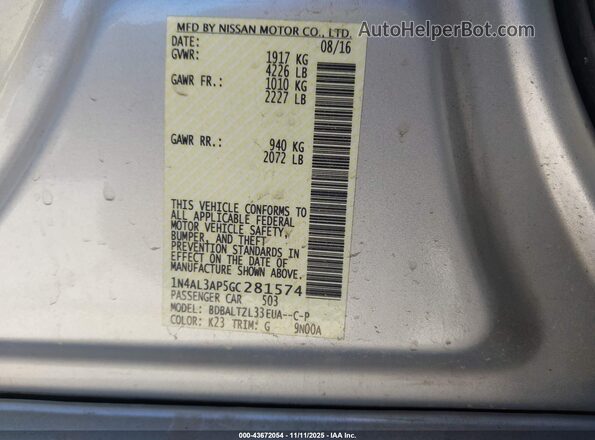1N4AL3AP5GC281574 2016 NISSAN ALTIMA Silver Вид підкапотного простору