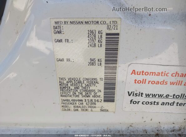 1N4BL4BV4MN358362 2021 NISSAN ALTIMA Белый Вид подкапотного пространства