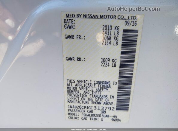 1N4BZ0CP3GC313792 2016 NISSAN LEAF White Widok komory silnika