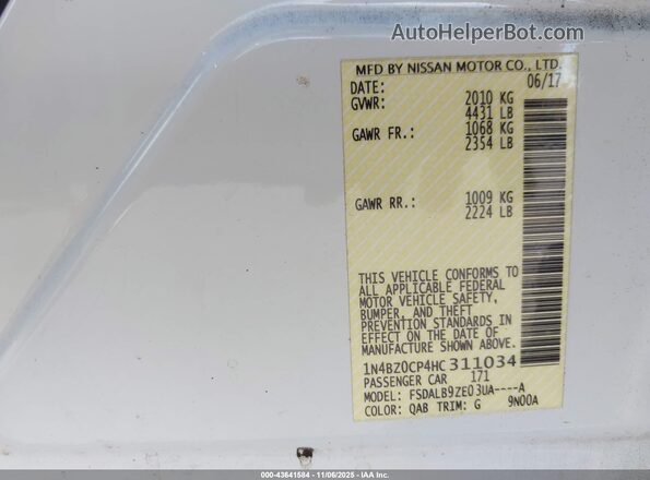 1N4BZ0CP4HC311034 2017 NISSAN LEAF Белый Вид наклейки с VIN-кодом