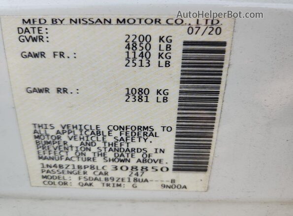 1N4BZ1BP8LC308850 2020 NISSAN LEAF White Вид підкапотного простору