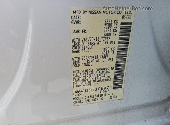 1N6AA1EE8NN106974 2022 NISSAN TITAN White Շարժիչի բաժամունքի տեսք