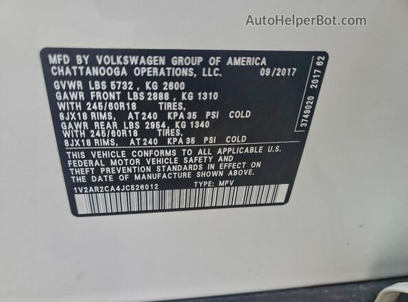 1V2AR2CA4JC526012 2018 VOLKSWAGEN ATLAS Белый Вид наклейки с VIN-кодом