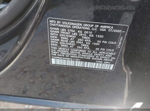 1V2PR2CA4MC511251 2021 VOLKSWAGEN ATLAS Черный Вид подкапотного пространства