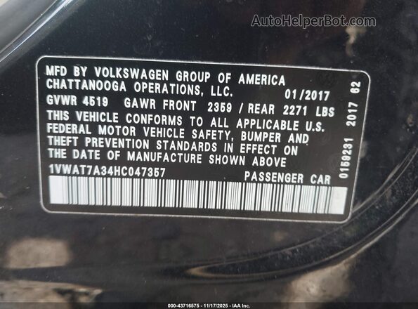 1VWAT7A34HC047357 2017 VOLKSWAGEN PASSAT Черный Вид подкапотного пространства
