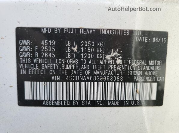 4S3BNAA68G3063083 2016 SUBARU LEGACY White Widok naklejki z numerem VIN