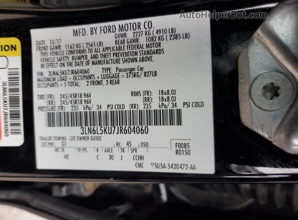 3LN6L5KU7JR604060 2018 LINCOLN MKZ Черный Вид наклейки с VIN-кодом