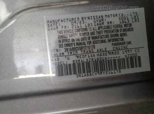 3N1AB8CV9RY216178 2024 NISSAN SENTRA Gray Vista de la etiqueta del VIN