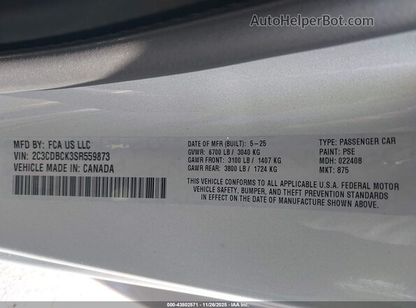 2C3CDBCK3SR559873 2025 DODGE CHARGER Серебряный Вид подкапотного пространства