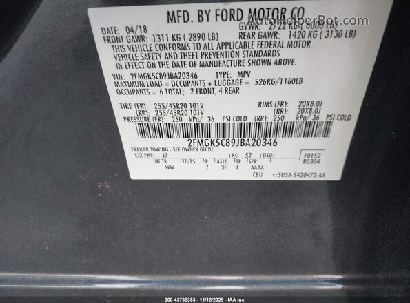 2FMGK5C89JBA20346 2018 FORD FLEX Черный Вид подкапотного пространства