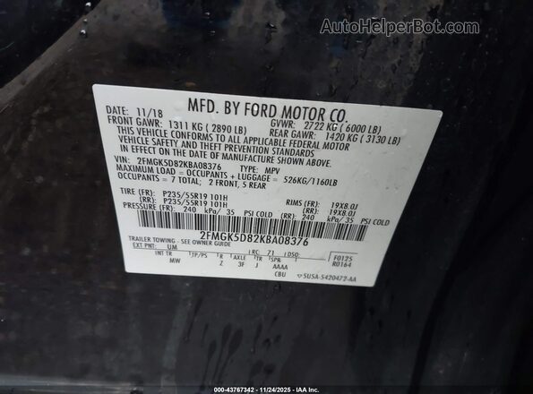 2FMGK5D82KBA08376 2019 FORD FLEX Black Շարժիչի բաժամունքի տեսք