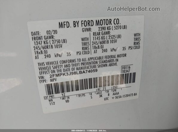 2FMPK3J98LBA74059 2020 FORD EDGE White Engine compartment view