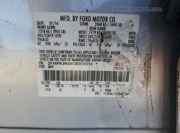 2FMPK3K89GBB06013 2016 FORD EDGE Серебряный Вид наклейки с VIN-кодом