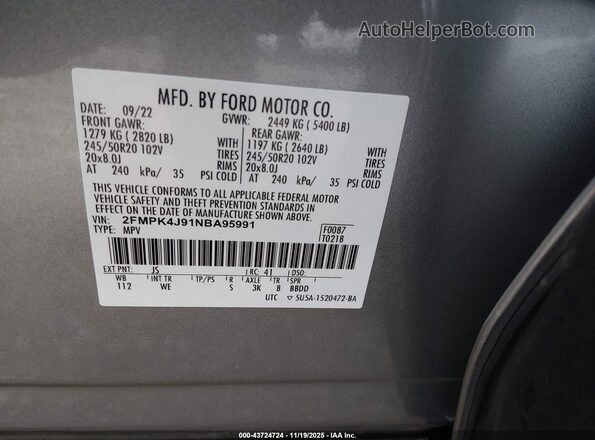 2FMPK4J91NBA95991 2022 FORD EDGE Silver Engine compartment view