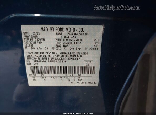 2FMPK4J97PBA22238 2023 FORD EDGE Blue Вид підкапотного простору