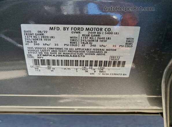 2FMPK4J98NBA88570 2022 FORD EDGE Угольный Вид наклейки с VIN-кодом
