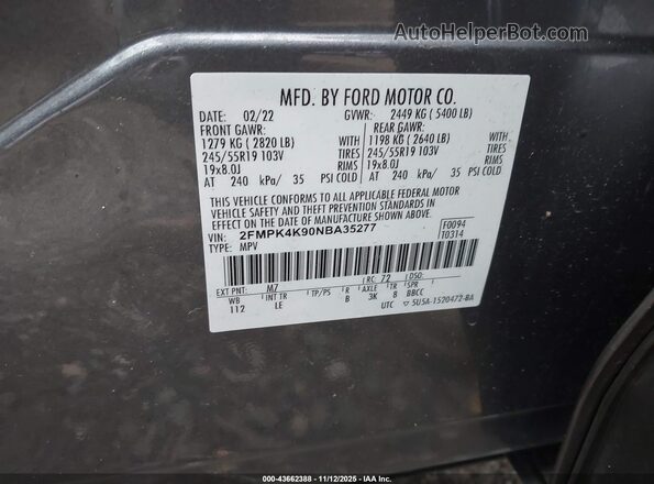2FMPK4K90NBA35277 2022 FORD EDGE Gray Widok komory silnika