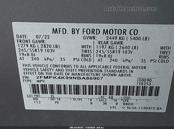 2FMPK4K99NBA86907 2022 FORD EDGE Серебряный Вид подкапотного пространства