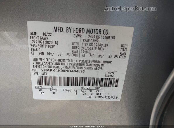 2FMPK4K99NBA94893 2022 FORD EDGE Silver Вид підкапотного простору