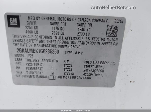 2GKALMEK1G6285360 2016 GMC TERRAIN White Вид підкапотного простору