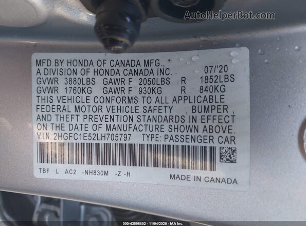 2HGFC1E52LH705797 2020 HONDA CIVIC SI Серебряный Вид подкапотного пространства