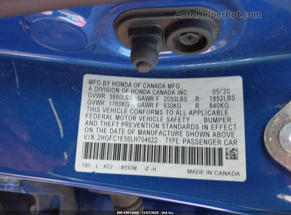 2HGFC1E56LH704622 2020 HONDA CIVIC SI Синий Вид подкапотного пространства