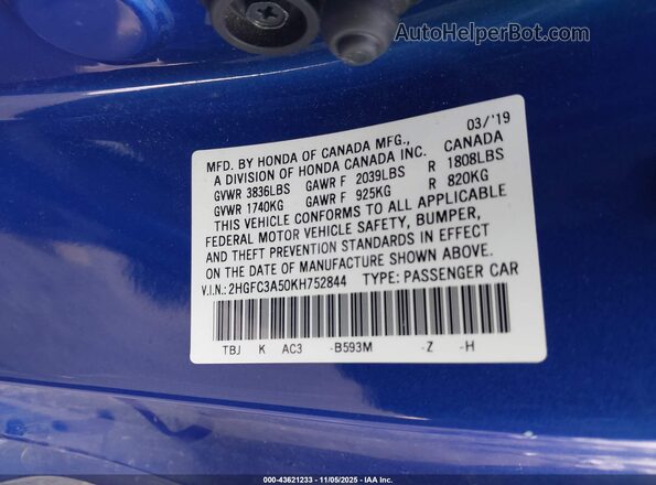 2HGFC3A50KH752844 2019 HONDA CIVIC SI Синий Вид подкапотного пространства