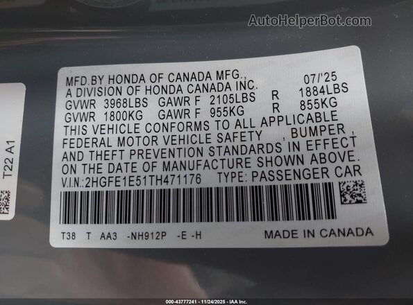 2HGFE1E51TH471176 2026 HONDA CIVIC SI Gray Widok komory silnika