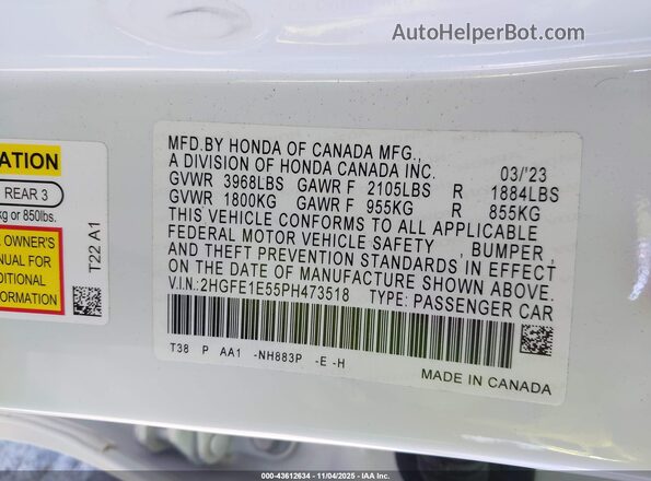 2HGFE1E55PH473518 2023 HONDA CIVIC SI Белый Вид подкапотного пространства