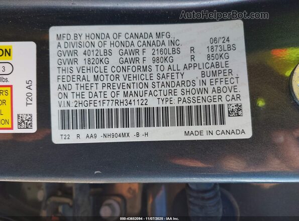 2HGFE1F77RH341122 2024 HONDA CIVIC Gray Widok komory silnika