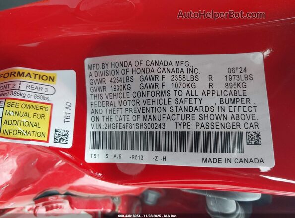 2HGFE4F81SH300243 2025 HONDA CIVIC HYBRID Red Widok komory silnika