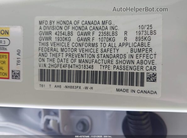 2HGFE4F84TH318348 2026 HONDA CIVIC White Widok komory silnika