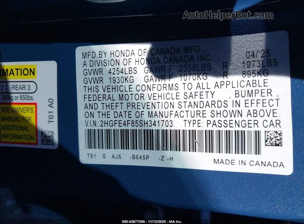 2HGFE4F85SH341703 2025 HONDA CIVIC HYBRID Navy Widok komory silnika