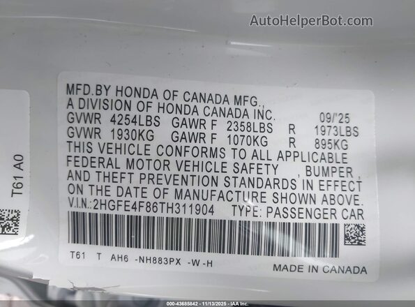 2HGFE4F86TH311904 2026 HONDA CIVIC HYBRID White ძრავის განყოფილების ხედი
