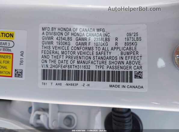 2HGFE4F8XTH311632 2026 HONDA CIVIC HYBRID Белый Вид подкапотного пространства