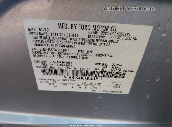 2LMHJ5AT0KBL01911 2019 LINCOLN MKT Серебряный Вид подкапотного пространства